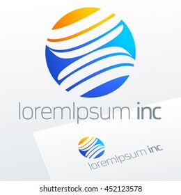 Abstract icon, vector sign, decorative emblem, blue and yellow logotype in sphere shape. Logo for Business, Tourism and Travel