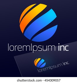 Abstract icon, vector sign, decorative emblem, blue and yellow logotype in sphere shape. Logo for Business, Tourism and Travel