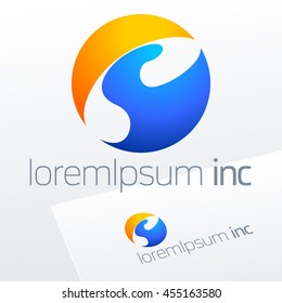 Abstract icon, vector sign, decorative emblem, blue and yellow logotype in sphere shape. Logo for Business, Tourism and Travel
