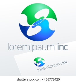 Abstract icon, vector sign, decorative emblem, blue and yellow logotype in sphere shape. Logo for Business, Tourism and Travel