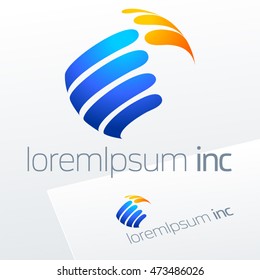 Abstract icon, vector sign, decorative emblem, blue and yellow logotype in sphere shape. Logo for Business, Tourism and Travel