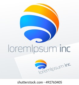 Abstract icon, vector sign, decorative emblem, blue and yellow logotype in sphere shape. Logo for Business, Tourism and Travel