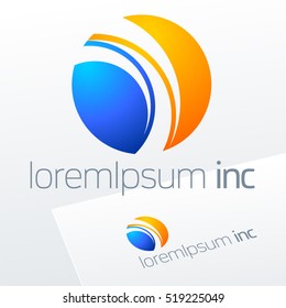 Abstract icon, vector sign, decorative emblem, blue and yellow logotype in sphere shape. Logo for Business, Tourism and Travel