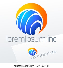 Abstract icon, vector sign, decorative emblem, blue and yellow logotype in sphere shape. Logo for Business, Tourism and Travel