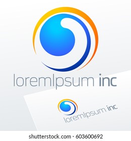 Abstract icon, vector sign, decorative emblem, blue and yellow logotype in sphere shape. Logo for Business, Tourism and Travel
