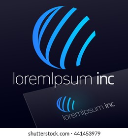 Abstract icon, vector sign, spiral emblem, blue logotype in sphere shape. Logo for Business, Technology, Corporation.