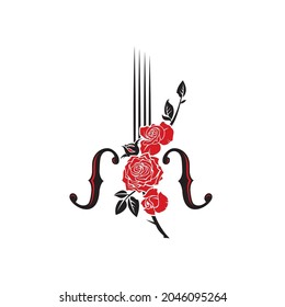 icono abstracto de violín y rosa aislado en fondo blanco