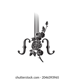 abstract icon of violin and rose isolated on white background