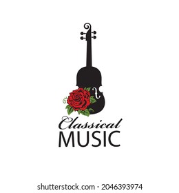 abstract icon of violin and rose isolated on white background