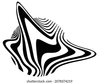 Abstract icon, wavy round sign. Distorted striped shape. Black and white digital ripples banner, glitch effect background. Optical art illusion vector illustration.