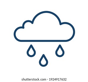 Abstract icon of wet and rainy weather with drops falling from cloud. Simple raincloud logo with three raindrops in line art style. Contoured flat vector illustration of isolated on white background