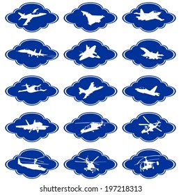 Abstract Icons With Aircraft Military Aircraft Against A Background Of Clouds. Illustration On White Background.