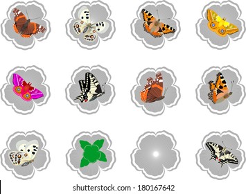 Abstract icons with butterflies and flowers. Illustration on white background.