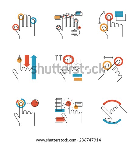 Abstract icons of common used multitouch and touch screen gestures for digital tablets or smartphone. Unusual flat design line icons set unique art vector illustration concept.