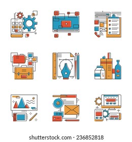 Abstract icons of design agency services, mobile apps development, brand identity, office workflow, website seo optimization. Unusual flat design line icons set unique art vector illustration concept.