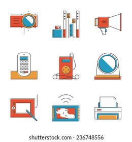 Abstract icons of digital devices and electronics like digital tablet, projector, printer, music player and cordless phone. Unusual flat design line icons set unique art vector illustration concept