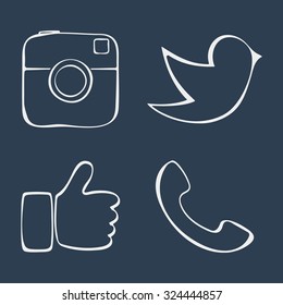 Abstract icons. Doodle social media icons. Like hand symbol, Digital camera, Messenger bird. Vector illustration.