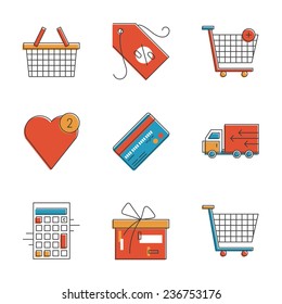 Abstract icons of e-commerce items, shopping cart and shop basket, retail elements and market objects. Unusual flat design line icons set unique art vector illustration concept.