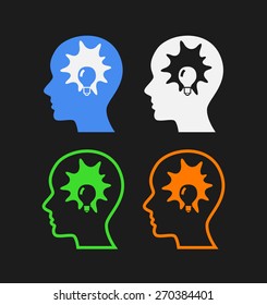 Abstract icons with a human head and lightbulb, Vector Illustration isolated on black