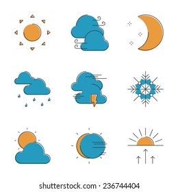 Abstract icons of local current weather conditions, including temperature, rain, wind speed, cloud, atmospheric pressure. Unusual flat design line icons set unique art vector illustration concept.