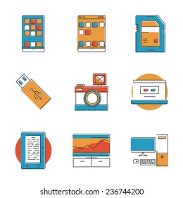 Abstract icons of modern technology devices like smartphone, digital tablet,  photo camera, e-book, smart tv, memory card. Unusual flat design line icons set unique art vector illustration concept