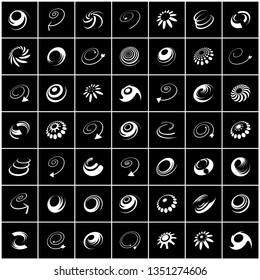 Abstract icons with movement rotation effect. White design elements on black background. Vector art.