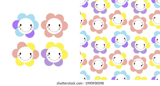 Abstract icons multicolored flowers with faces. Seamless vector pattern with floral smilies on a white background.