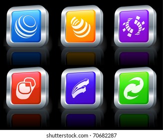 Abstract Icons on Square Button Collection with Metallic Rim Original Illustration
