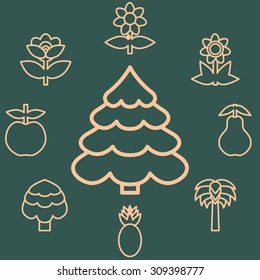 Abstract icons outline of the subjects trees flower and fruit. Symbol of nature and naturalness. Logo design elements for organic businesses.  Vector illustration