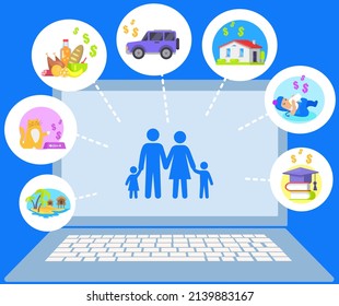 Abstract icons of perspective family. Planning new life with child, home, car, traveling and cat. Happy family successful life symbols on laptop screen. Wealth, success and relationship concept