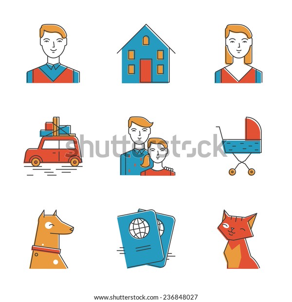 Abstract icons of perspective family, planning\
new life with the child, new home, traveling and keeping domestic\
pets. Unusual flat design line icons set unique art vector\
illustration concept.