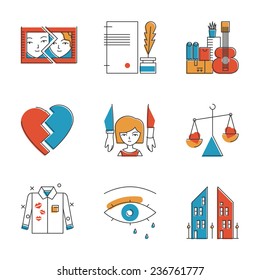 Abstract icons of problematic relationship like divorce, heartbroken, remarriage, husband mistress and unhappy breakup. Unusual flat design line icons set unique art vector illustration concept.