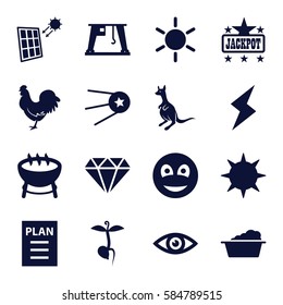 abstract icons set. Set of 16 abstract filled icons such as kangaroo, chicken, sun, diamond, Jackpot, laundry, sprout, cargo crane, smiley, eye, solar panel, flash, plan, star