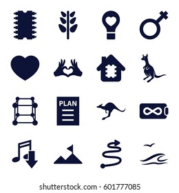 abstract icons set. Set of 16 abstract filled icons such as kangaroo, plant, bulb heart, male, heart, heart tag, cpu, mountain, plan, sea and gull, curved arrow, CPU in house