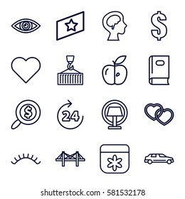 abstract icons set. Set of 16 abstract outline icons such as 24 hours, book, flower, eyelashes, dollar, apple, cargo on hook, bridge, heart, human brain, car, table lamp, eye