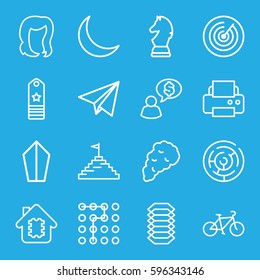 abstract icons set. Set of 16 abstract outline icons such as hairstyle, printer, crescent, smoke, paper plane, pyramid flag, bicycle, electric circuit, rank, target