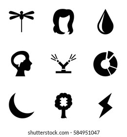 abstract icons set. Set of 9 abstract filled icons such as hairstyle, water drop, pie chart, human brain, crescent, watering system, flash, dragonfly
