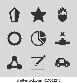 Abstract icons set. set of 9 abstract filled icons such as heart in fire, paper and pen, sun, star, CPU in car, sword, pie chart