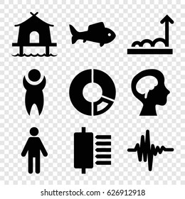 Abstract icons set. set of 9 abstract filled icons such as human brain, music equalizer, fish, graph, tent, man, pie chart