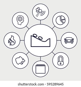 abstract icons set. Set of 9 abstract outline icons such as panther, squirrel, spa stone, satellite, car, gear in head, lock, pie chart