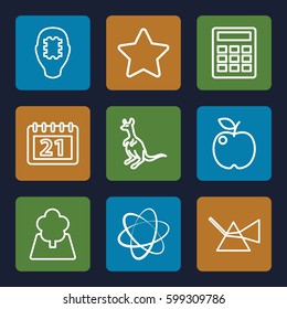 abstract icons set. Set of 9 abstract outline icons such as cangaroo, calendar, tree, apple, intersection, CPU in head, calculator, network connection