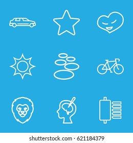 Abstract icons set. set of 9 abstract outline icons such as lion, heart, brain surgery, car, star, sun, spu, bicycle
