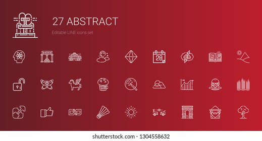 abstract icons set. Collection of abstract with arc, car, sun, badminton, link, like, puzzle, line chart, mountain, magic wand, muffin, pegasus. Editable and scalable abstract icons.