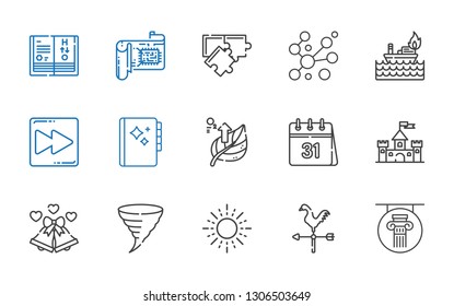 abstract icons set. Collection of abstract with column, weathercock, sun, tornado, wedding bells, castle, calendar, leaf, agenda, fast forward. Editable and scalable abstract icons.
