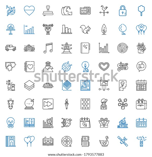 abstract icons set.\
Collection of abstract with confetti, satellite, swan, voice\
recorder, film reel, open book, balloons, divider, calendar.\
Editable and scalable abstract\
icons.