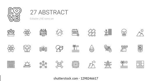 abstract icons set. Collection of abstract with electric tower, mountain, cpu, skull, network, field, calendar, black hole, water, palm tree. Editable and scalable abstract icons.