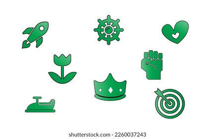 abstract icons set in gradient color vector illustration - space-shuttle, hand-power, flora-flower, snowmobile, love, crown-queen, dart, ship-wheel.