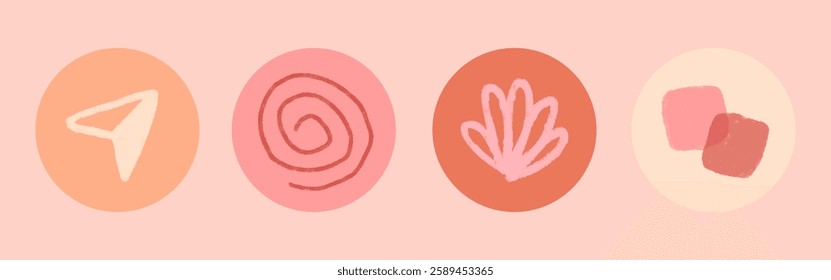 Abstract icons in soft pink and orange hues. Circular designs with playful shapes. Perfect for creative projects, these icons add a touch of whimsy and color. Cute illustrations, vector set.