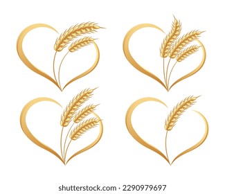 Abstract icons of spikelets of wheat with heart, set. Logos, badges, decor elements, vector