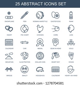 abstract icons. Trendy 25 abstract icons. Contain icons such as snowflake, pen, woman hairstyle, easter egg, rank, heart, pie chart, chicken. abstract icon for web and mobile.
